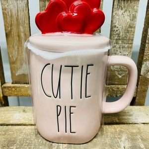Rae Dunn pink CUTIE PIE Mug with Hearts topper